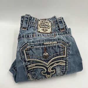 Rock Revival Edmund Straight Jeans Mens 32x28 Flap Pockets Medium Wash *Repaired